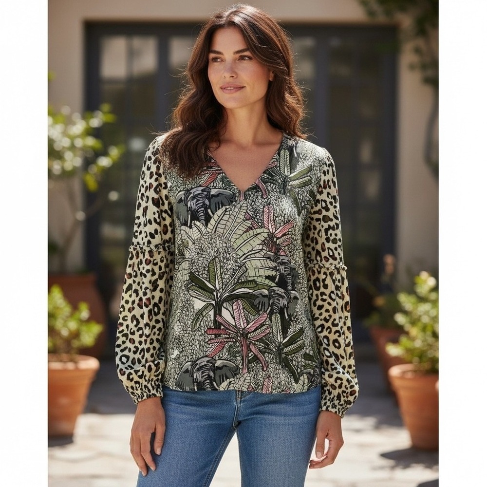 Bl-nk London Anthropologie Womens Top M Sibley Safari Cheetah Elephant Wildlife - Picture 1 of 13